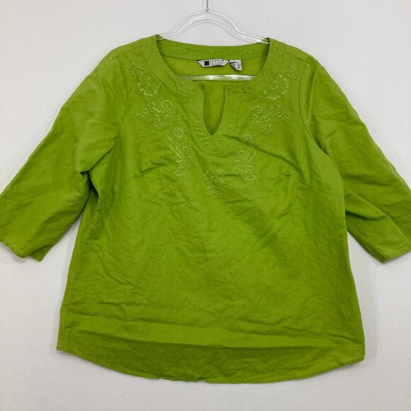 Carole Little size 1X Green Embroidered 100% Linen Y Neck 3/4 Sleeve Blouse - Picture 1 of 8